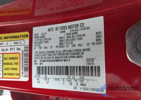 2021 Ford Bronco Sport Badlands из США, поврежденный, VIN 3FMCR9D9XMRA74611